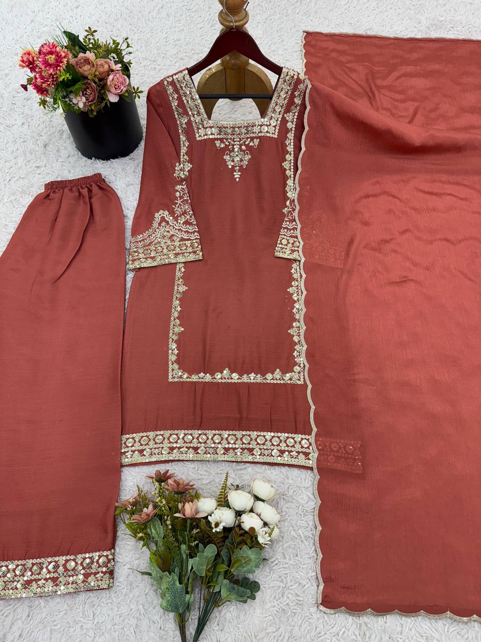 Brown Chiffon with Embroidery Work Palazzo Suit