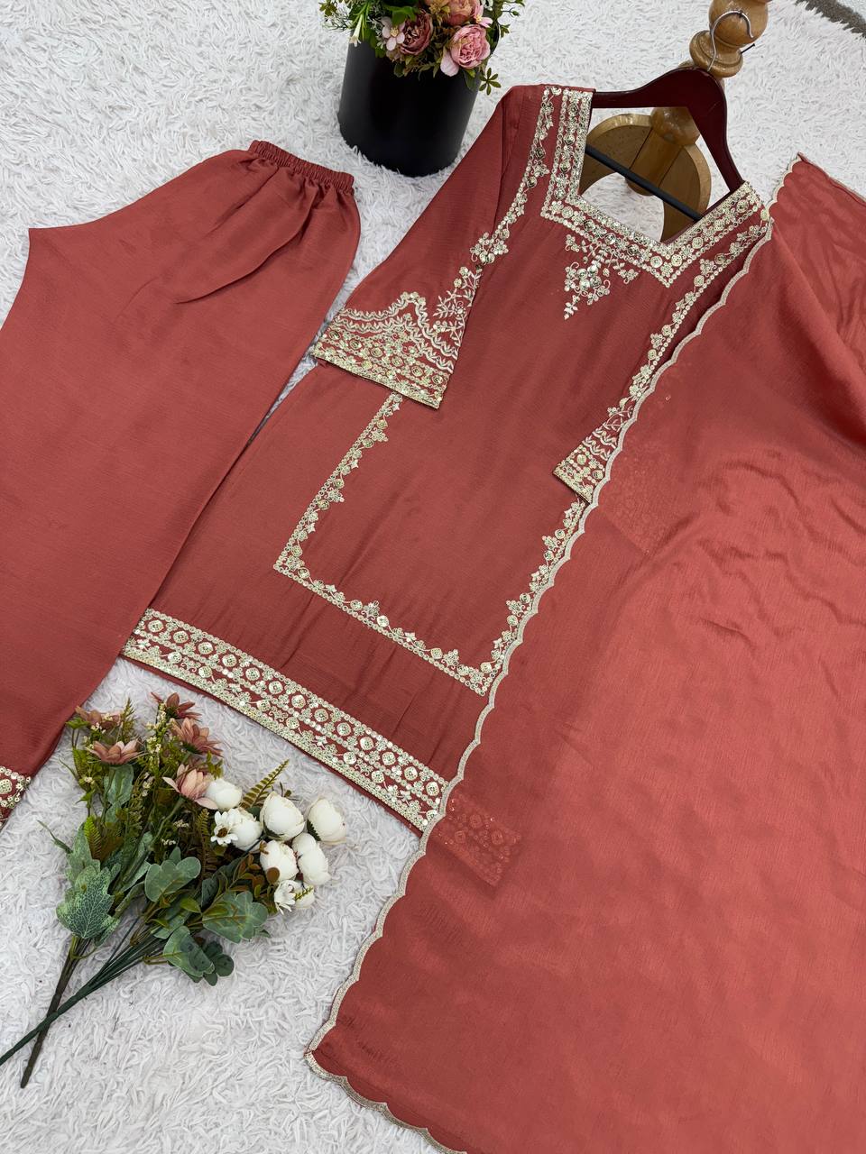 Brown Chiffon with Embroidery Work Palazzo Suit