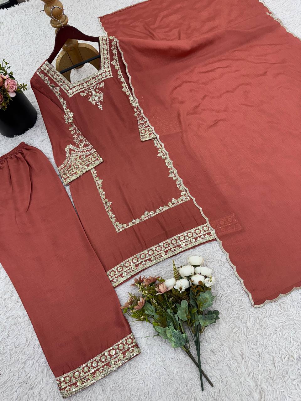 Brown Chiffon with Embroidery Work Palazzo Suit