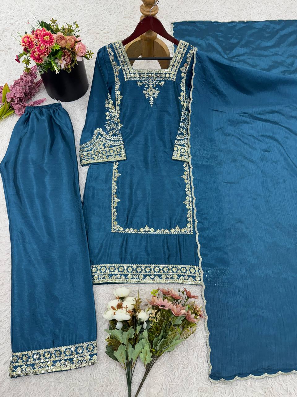 Brown Chiffon with Embroidery Work Palazzo Suit