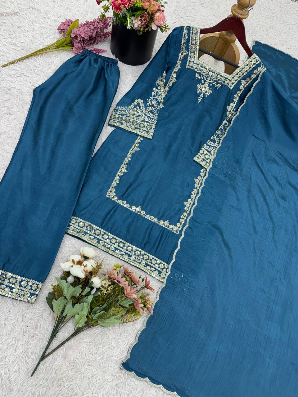 Brown Chiffon with Embroidery Work Palazzo Suit