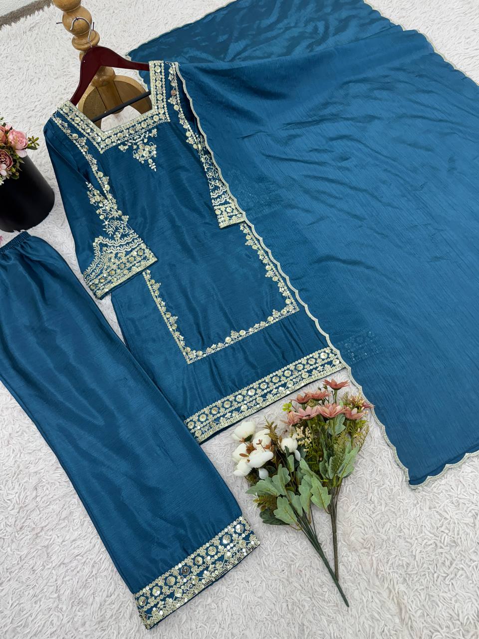 Brown Chiffon with Embroidery Work Palazzo Suit