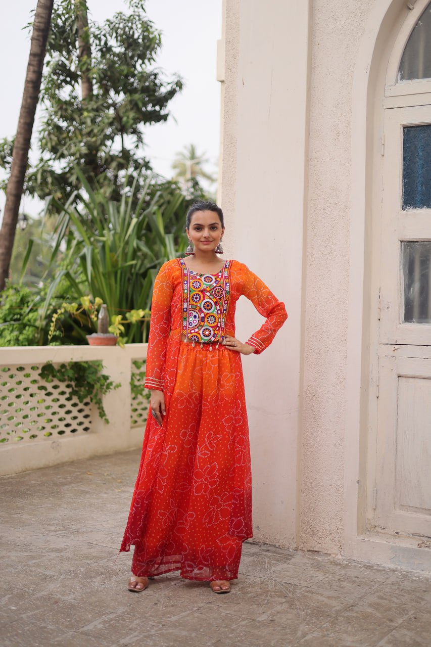 Navratri Wear Orange Bandhani Work Palazzo Suit