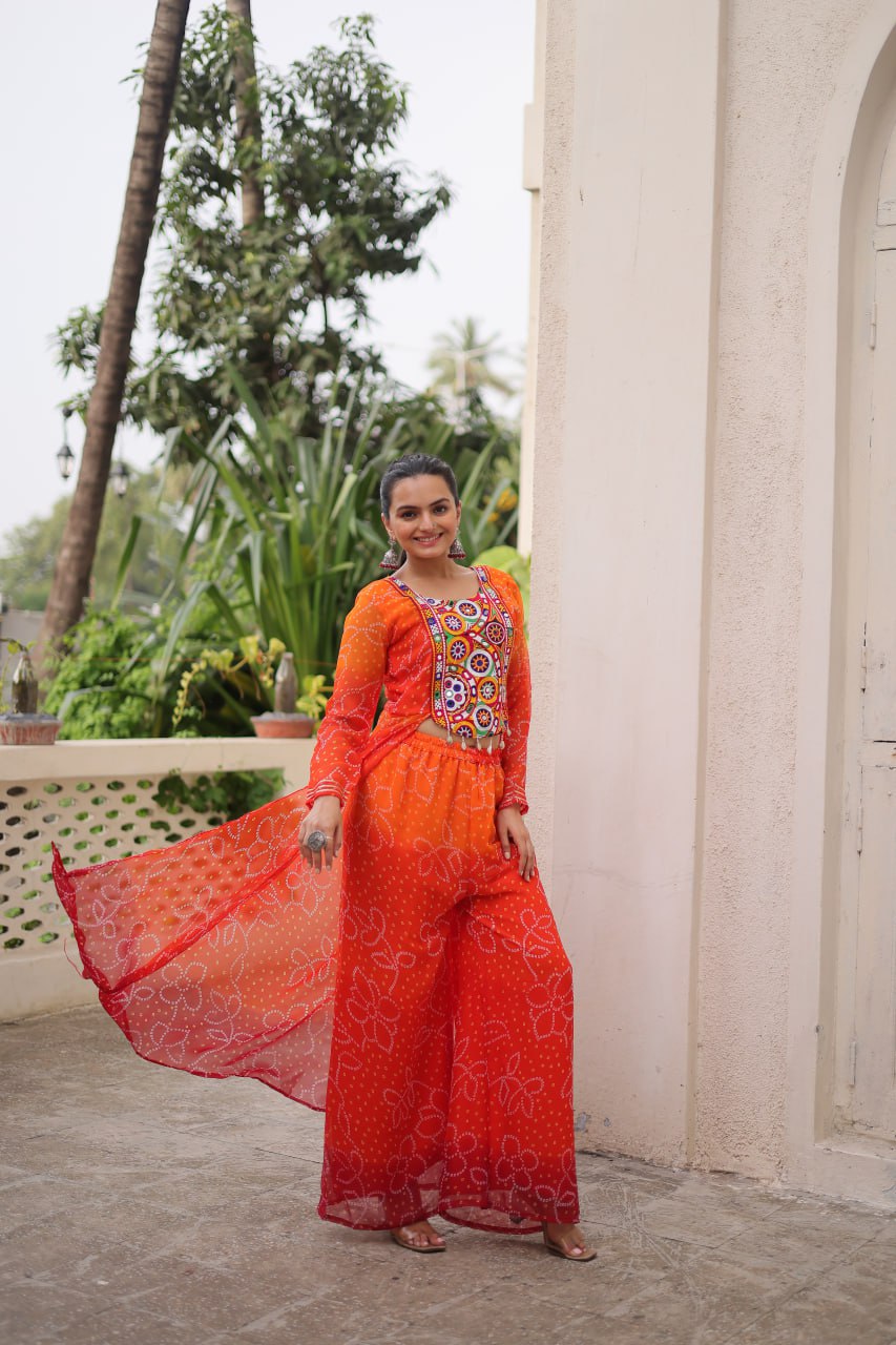 Navratri Wear Orange Bandhani Work Palazzo Suit