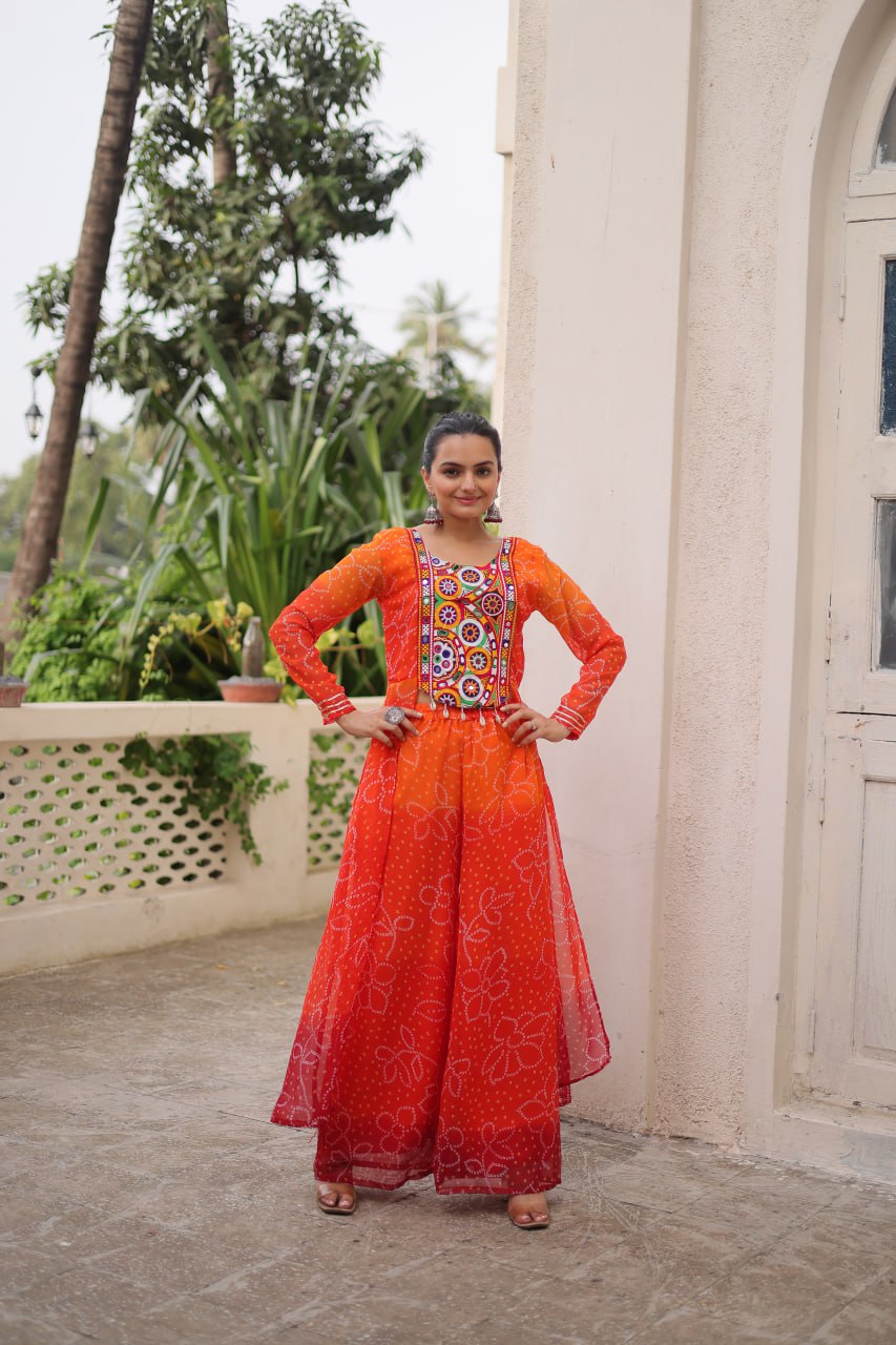 Navratri Wear Orange Bandhani Work Palazzo Suit