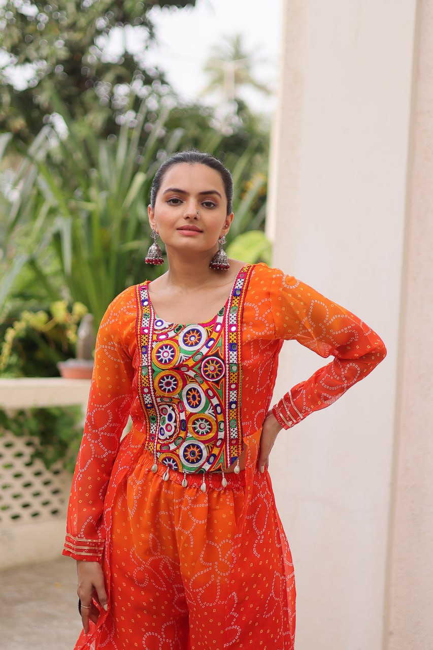 Navratri Wear Orange Bandhani Work Palazzo Suit