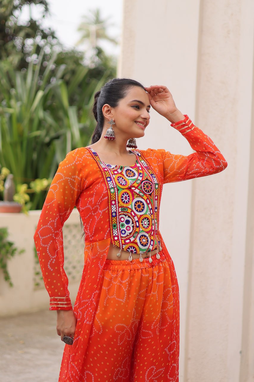 Navratri Wear Orange Bandhani Work Palazzo Suit