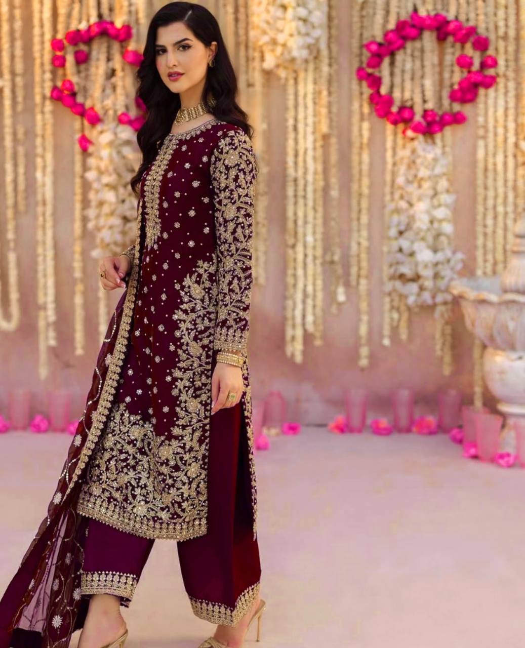 Trendy Maroon Georgette Sequence Work Palazzo Suit