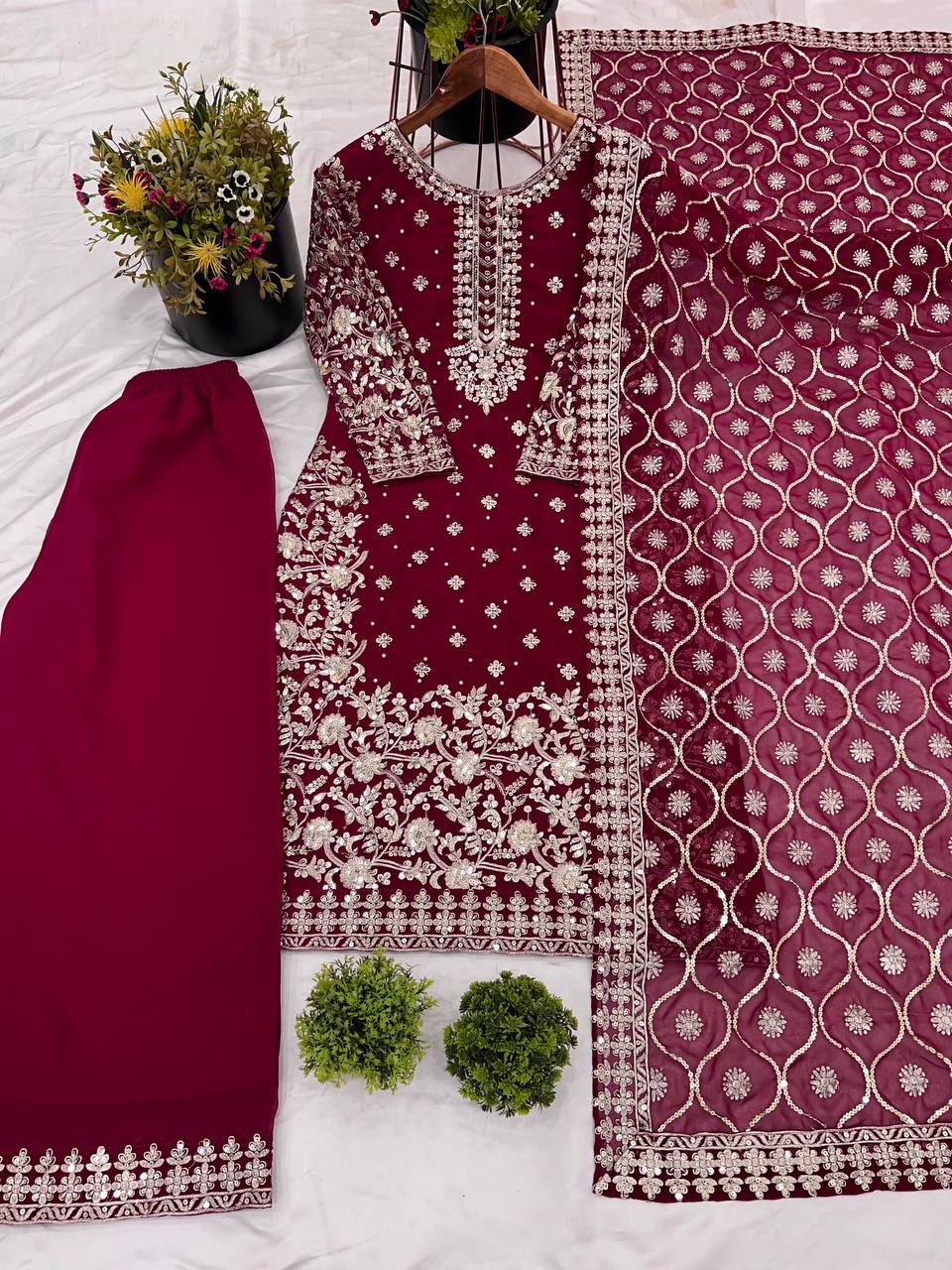 Trendy Maroon Georgette Sequence Work Palazzo Suit