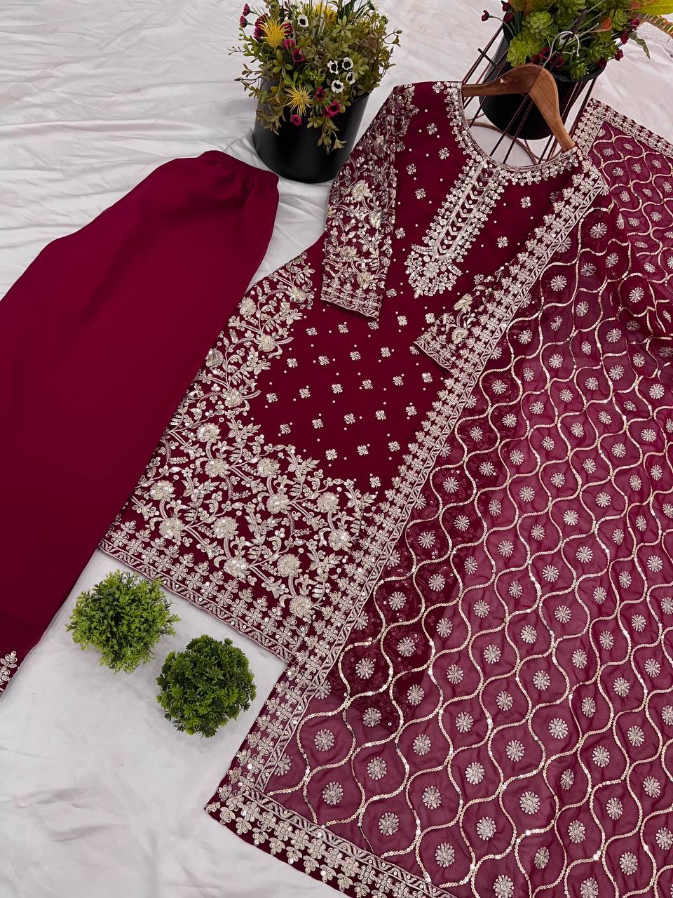Trendy Maroon Georgette Sequence Work Palazzo Suit