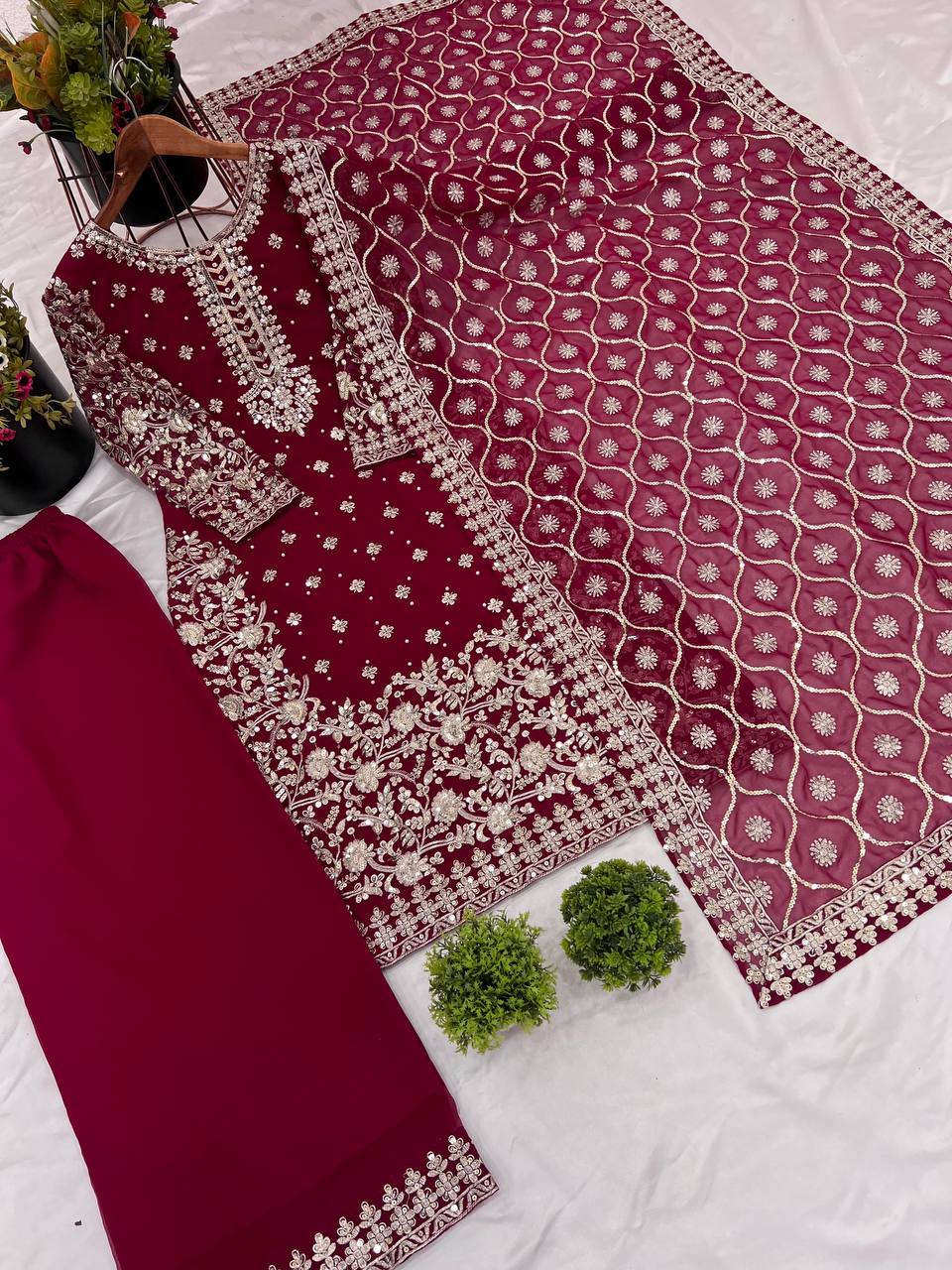 Trendy Maroon Georgette Sequence Work Palazzo Suit