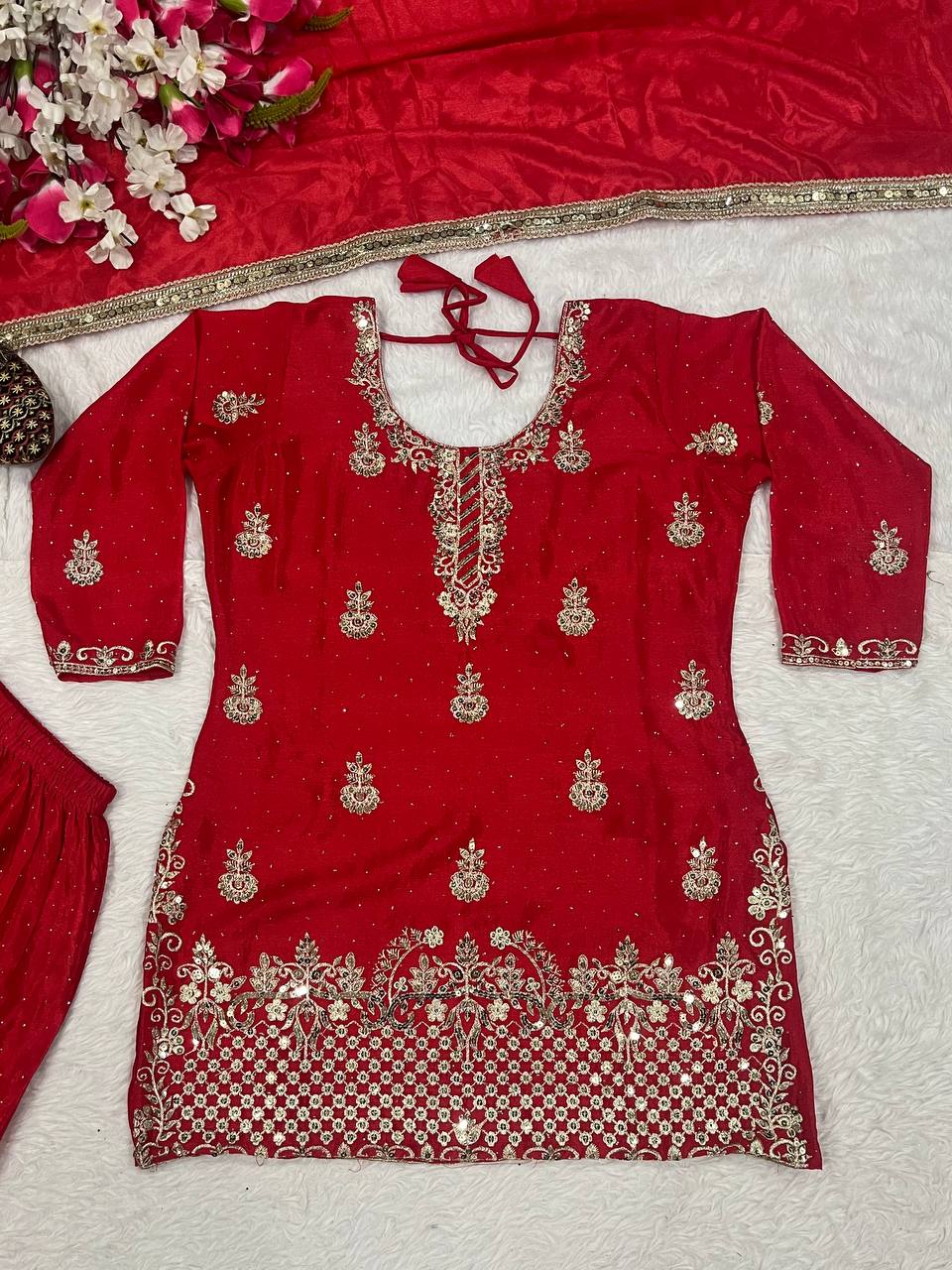 Beautiful Wine Chinon Silk Sequence Work Sharara Suit