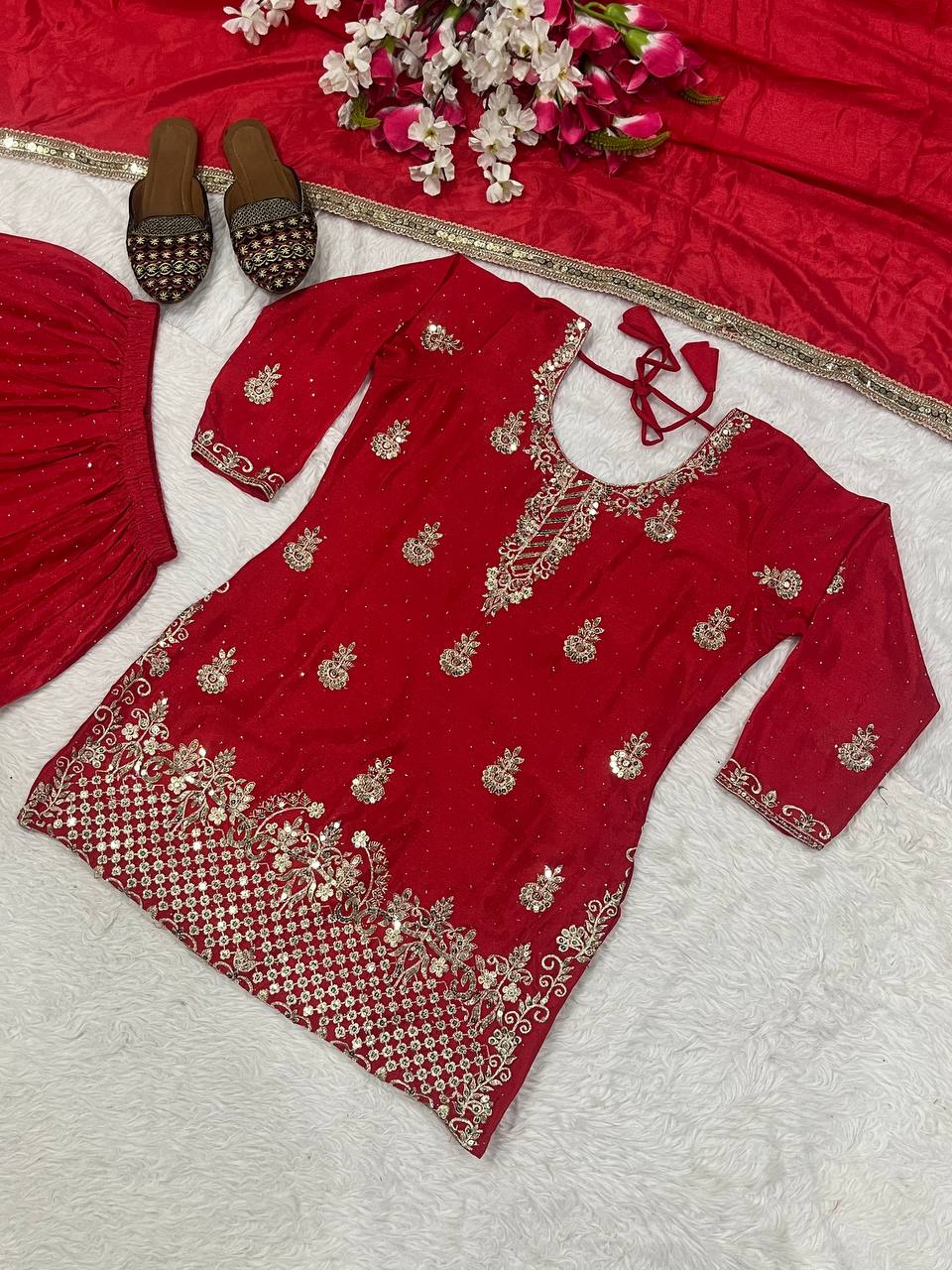 Beautiful Wine Chinon Silk Sequence Work Sharara Suit