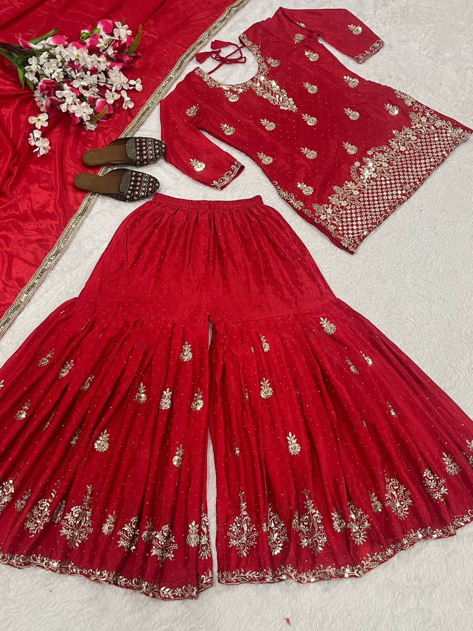 Beautiful Wine Chinon Silk Sequence Work Sharara Suit