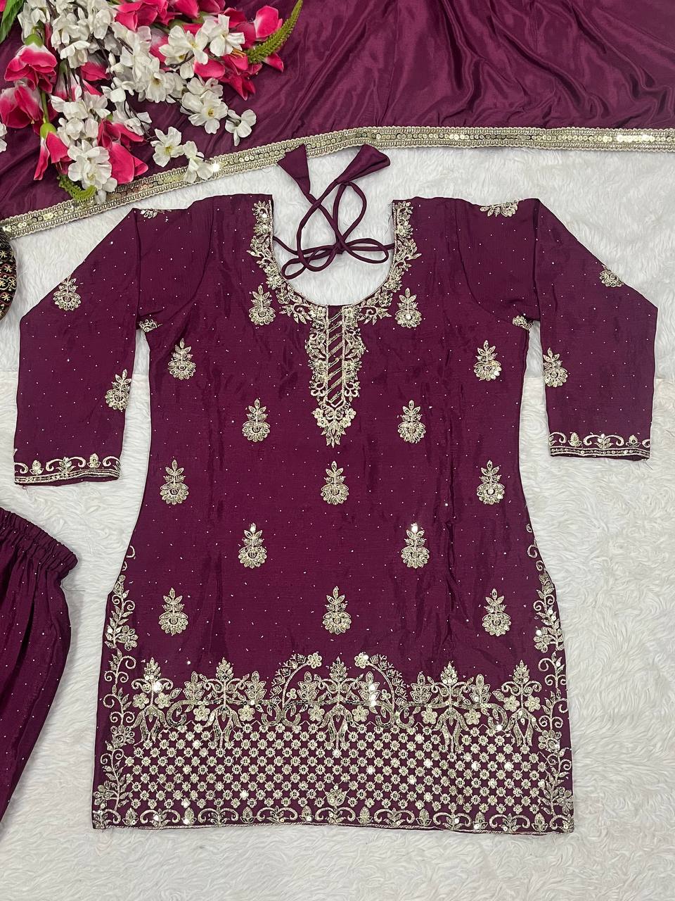 Beautiful Wine Chinon Silk Sequence Work Sharara Suit