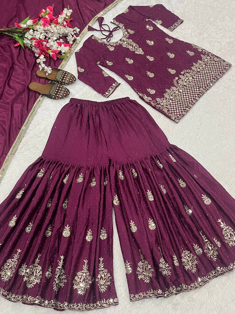 Beautiful Wine Chinon Silk Sequence Work Sharara Suit