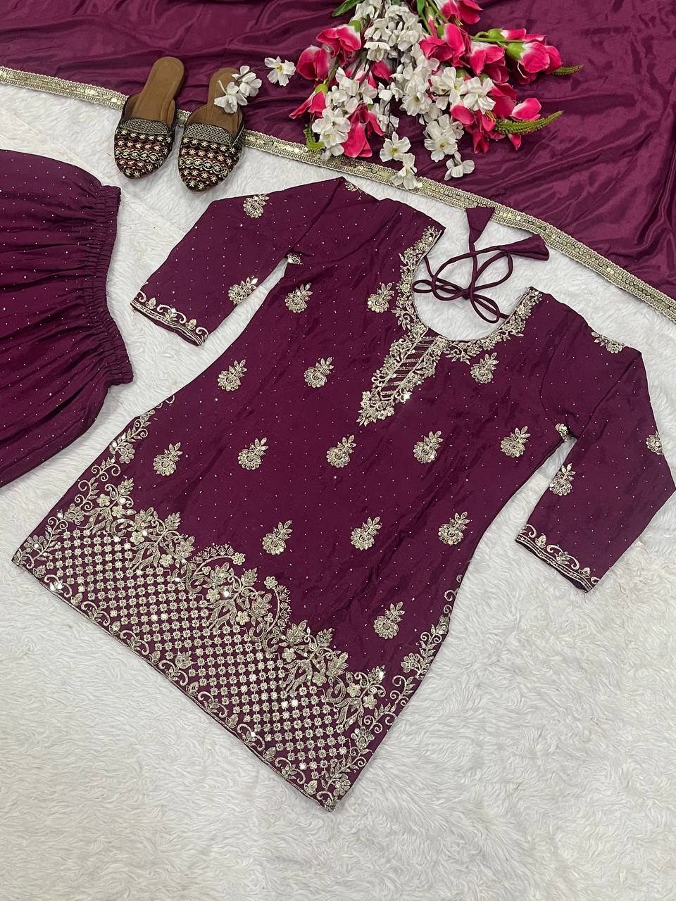 Beautiful Wine Chinon Silk Sequence Work Sharara Suit