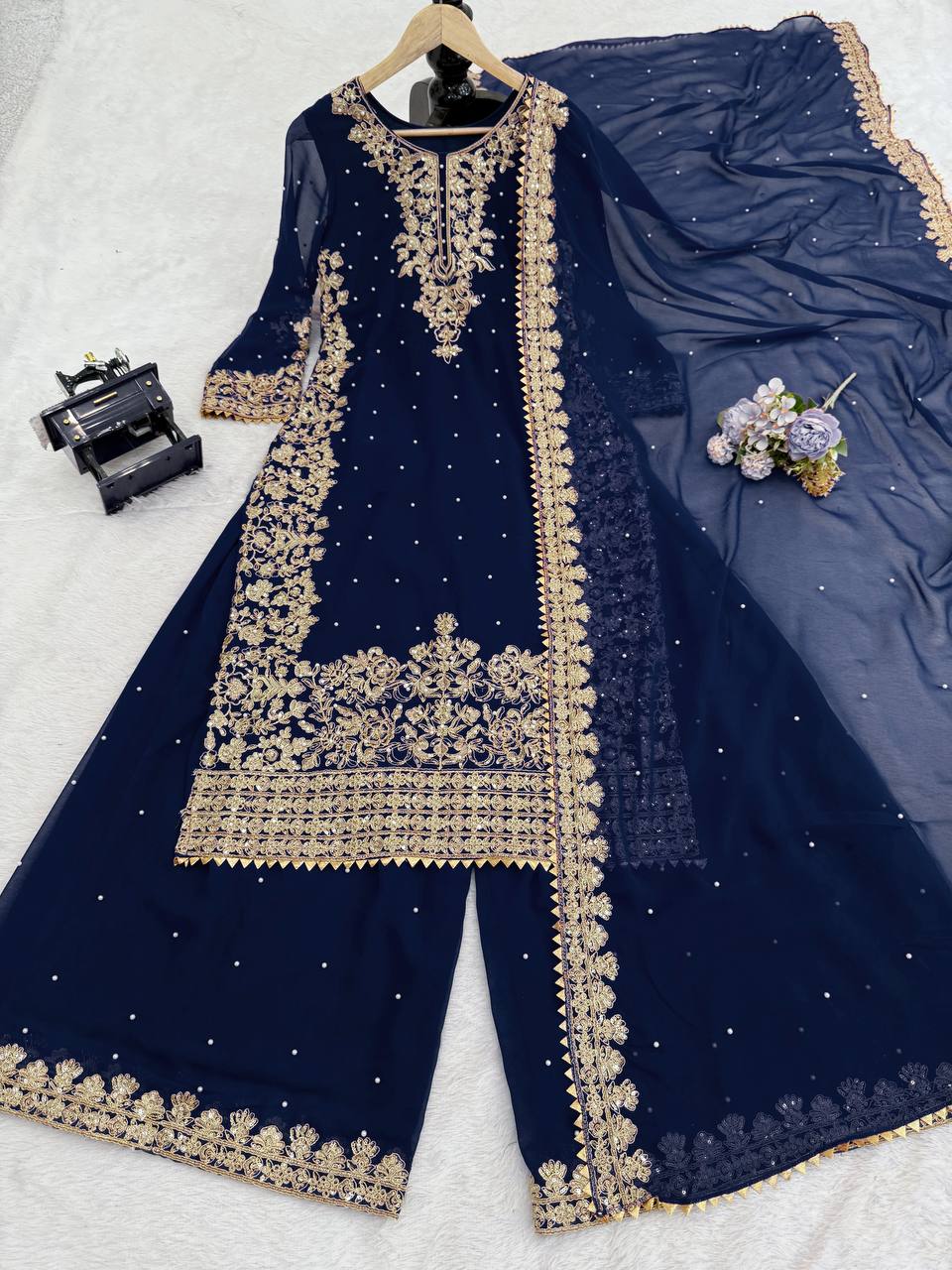 Captivating Green Georgette Sequence Work Palazzo Suit