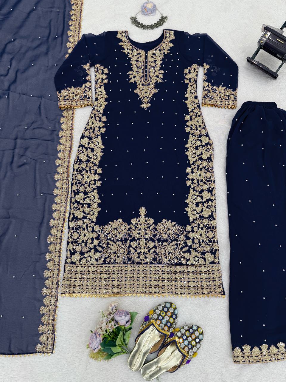 Captivating Green Georgette Sequence Work Palazzo Suit