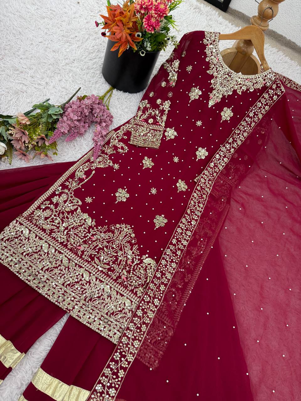 Wonderful Red Color Georgette Sequence Work Sharara Suit