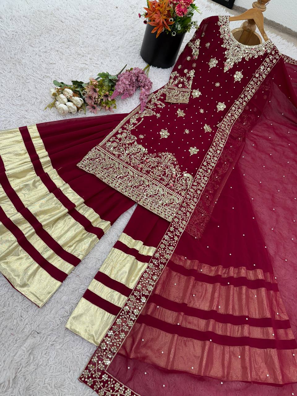 Wonderful Red Color Georgette Sequence Work Sharara Suit