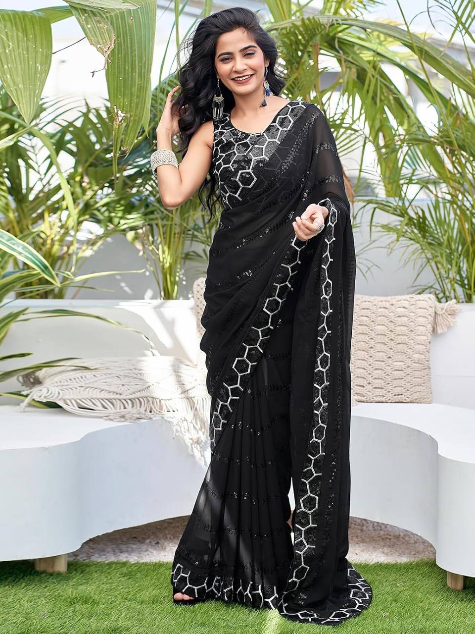 Alluring Black Color Georgette Embroidery Work Saree
