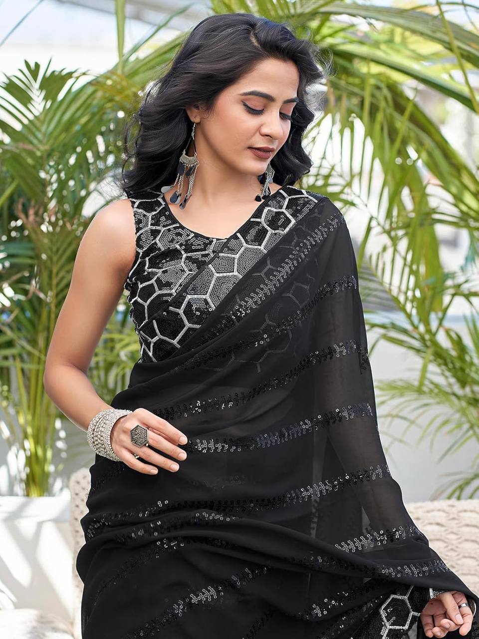 Alluring Black Color Georgette Embroidery Work Saree
