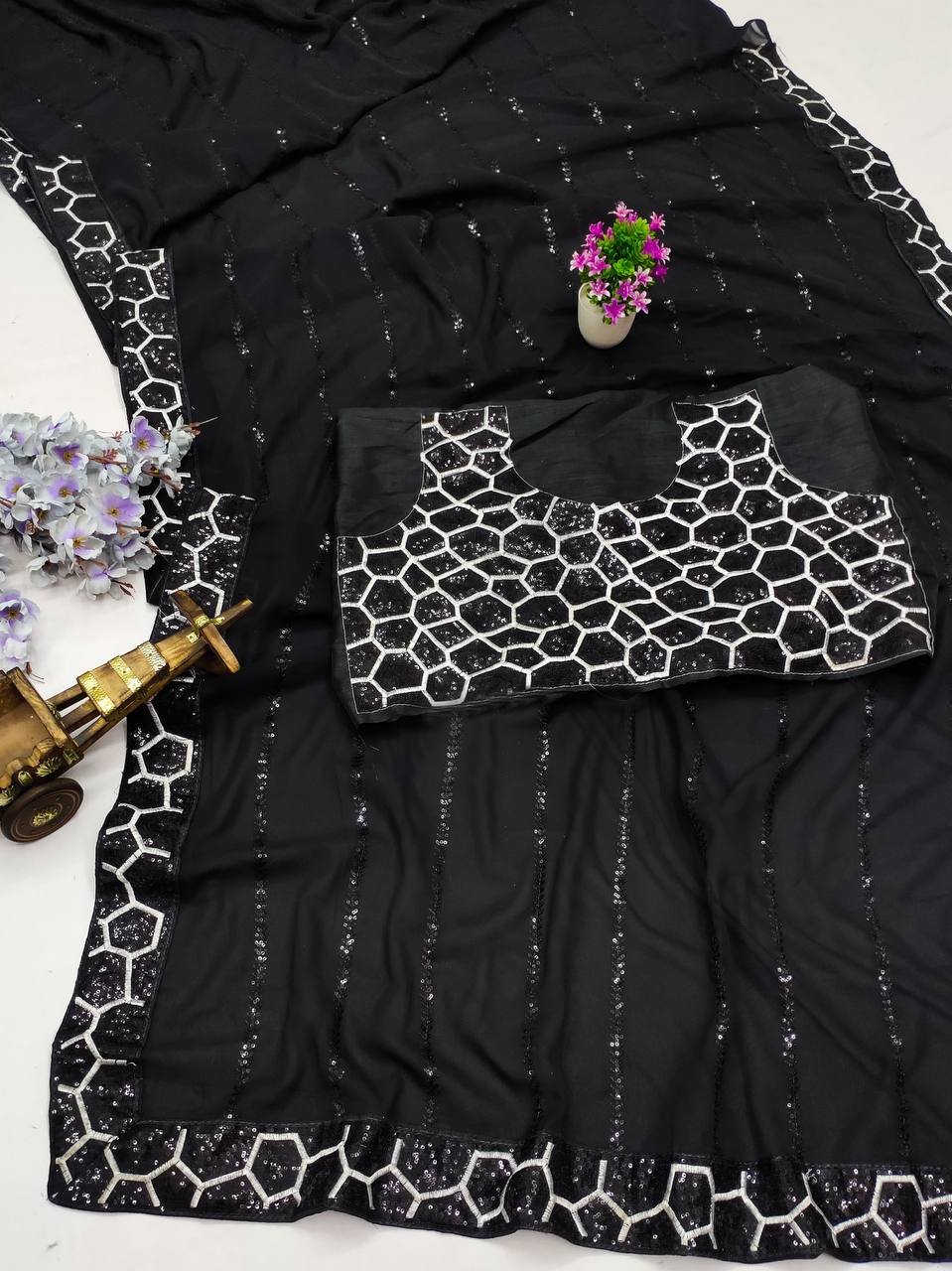Alluring Black Color Georgette Embroidery Work Saree