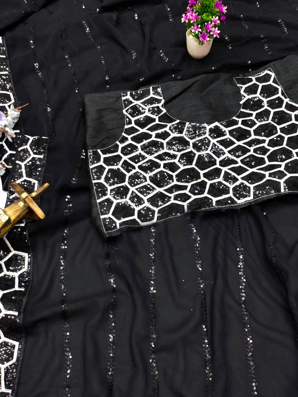 Alluring Black Color Georgette Embroidery Work Saree