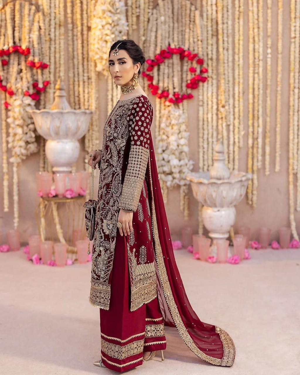 Stylish Red Color Georgette Sequence Work Straight Salwar Suit