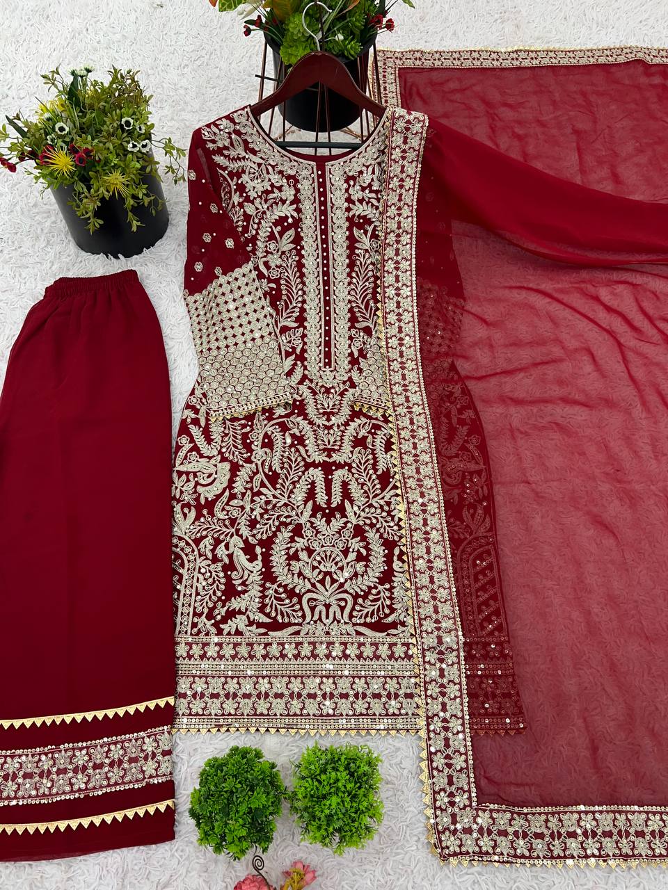 Stylish Red Color Georgette Sequence Work Straight Salwar Suit