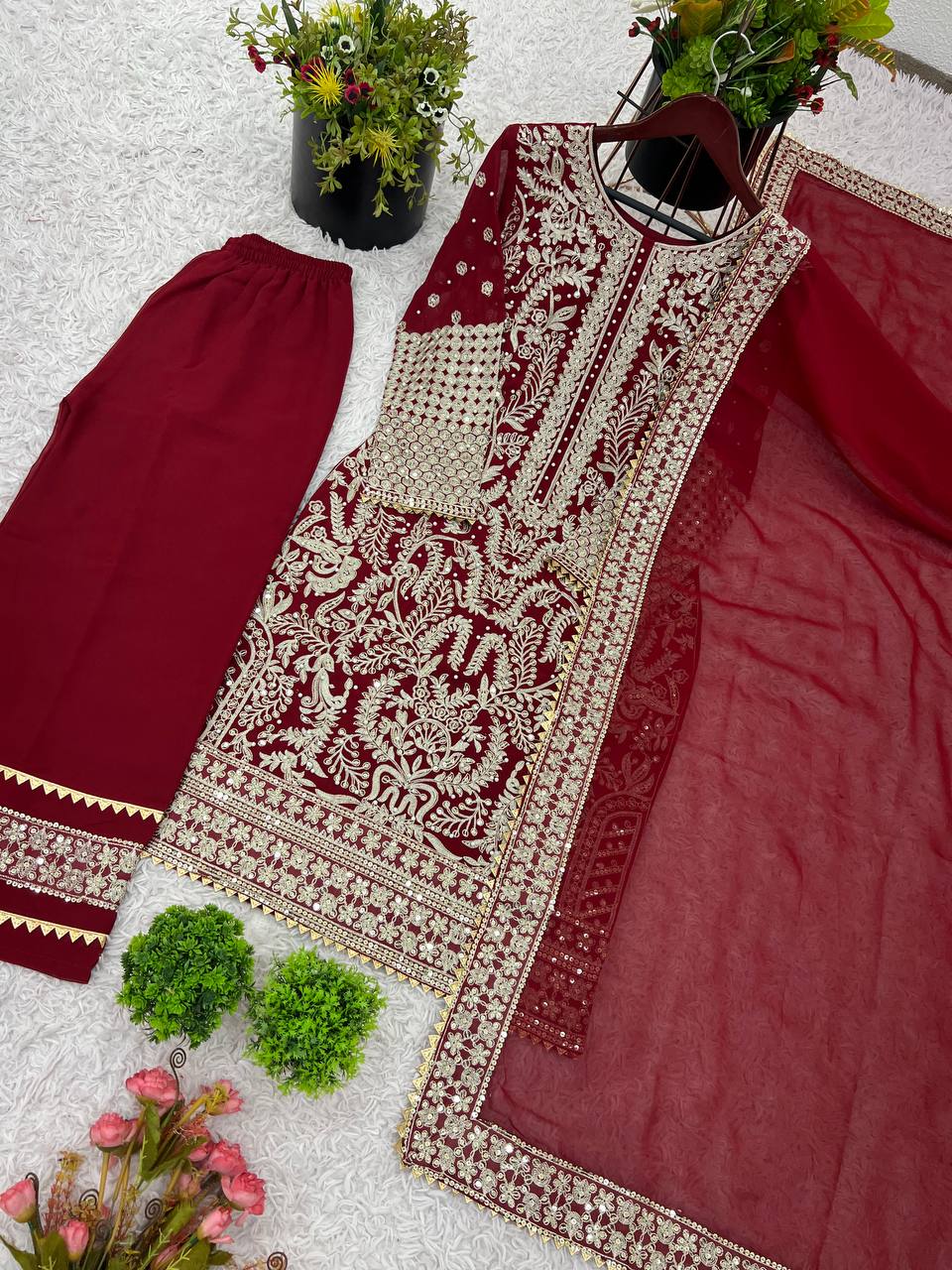 Stylish Red Color Georgette Sequence Work Straight Salwar Suit