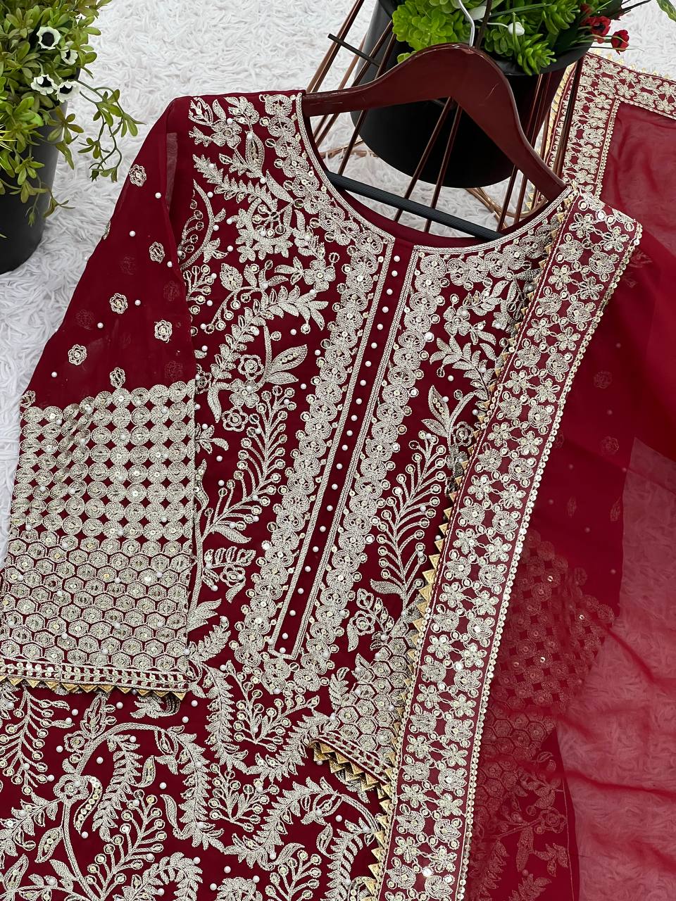 Stylish Red Color Georgette Sequence Work Straight Salwar Suit