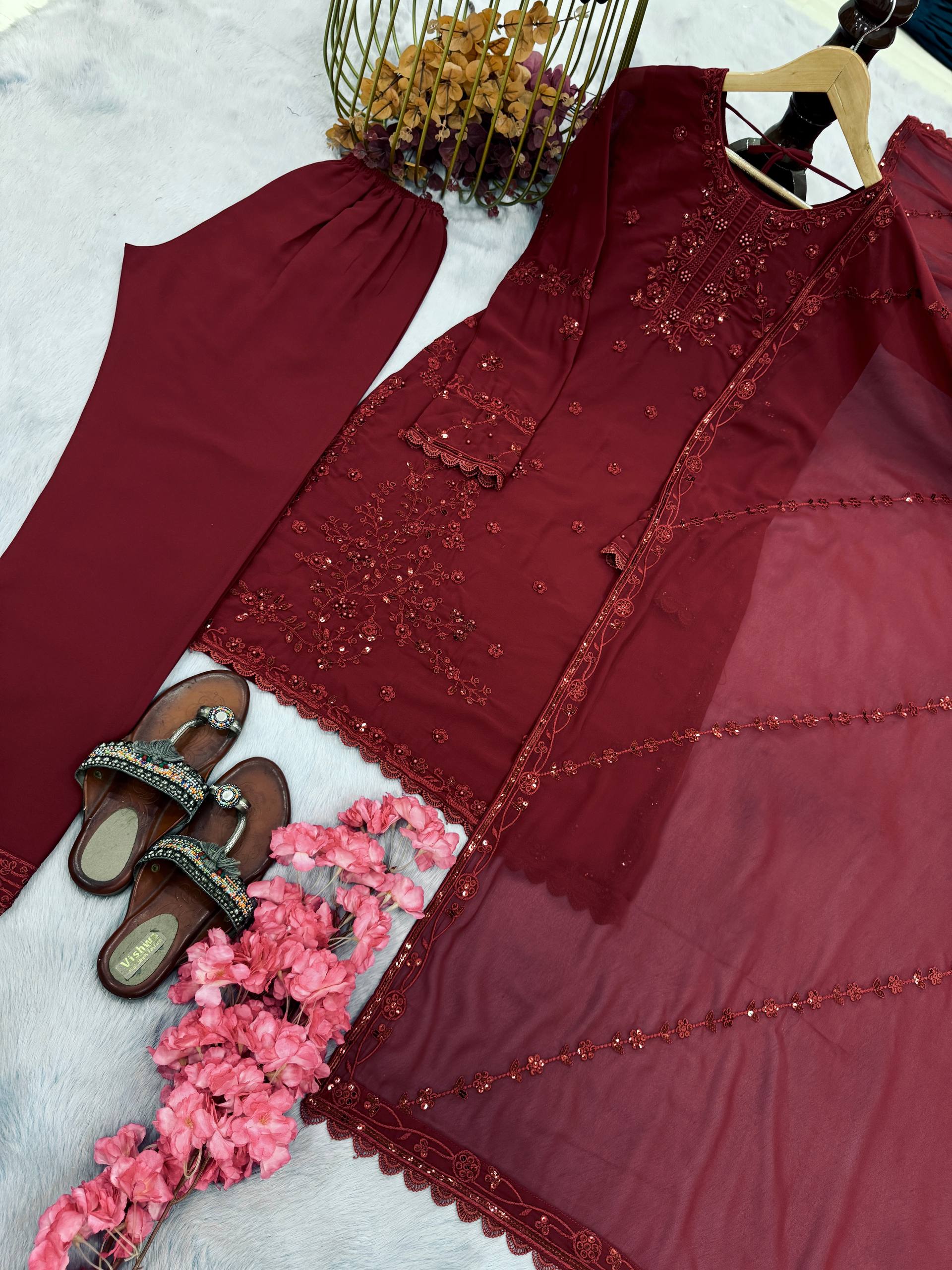 Awesome Maroon Georgette Sequence Work Salwar Suit