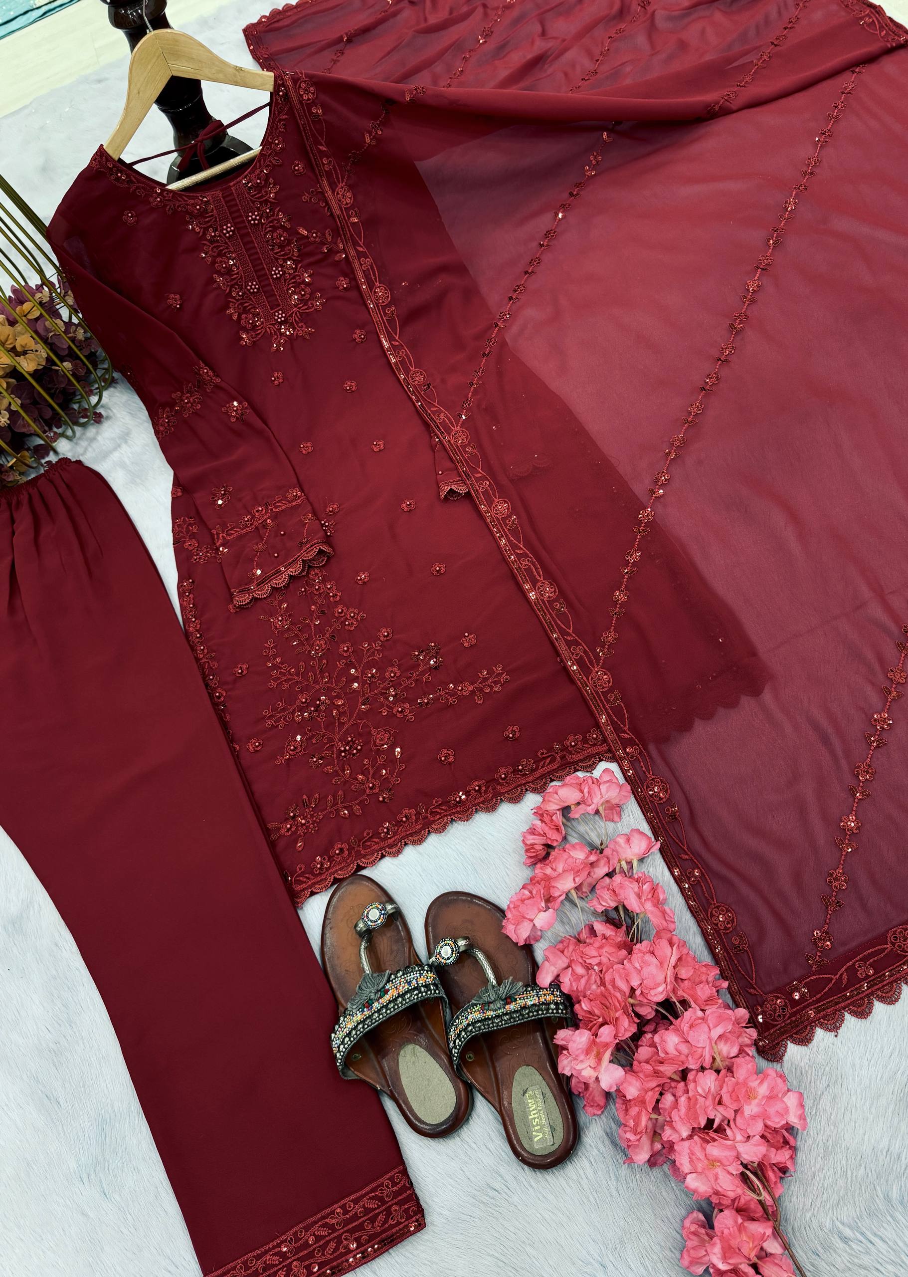 Awesome Maroon Georgette Sequence Work Salwar Suit
