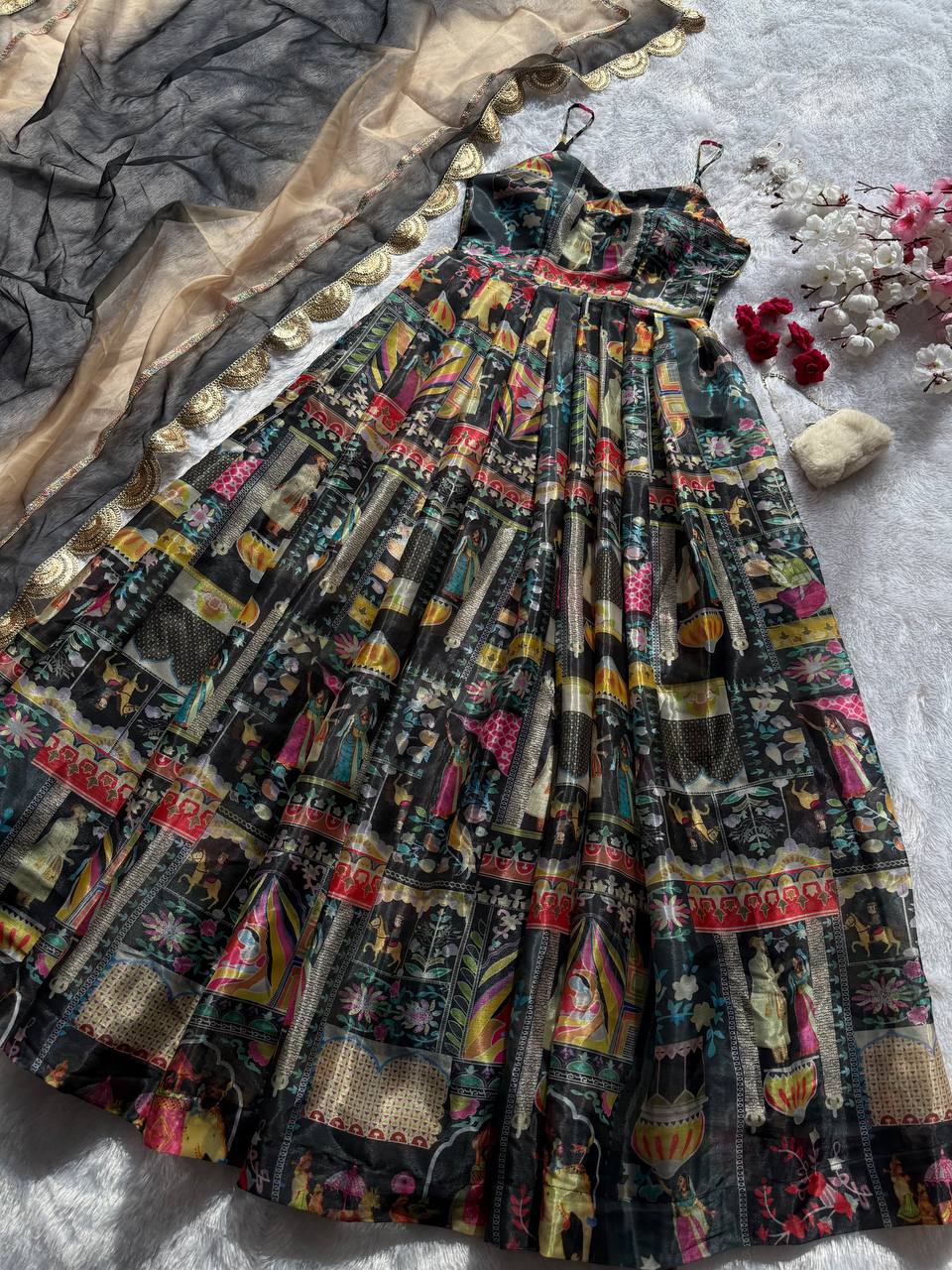 Gorgeous Green Organza Digital Printed Anarkali Gown