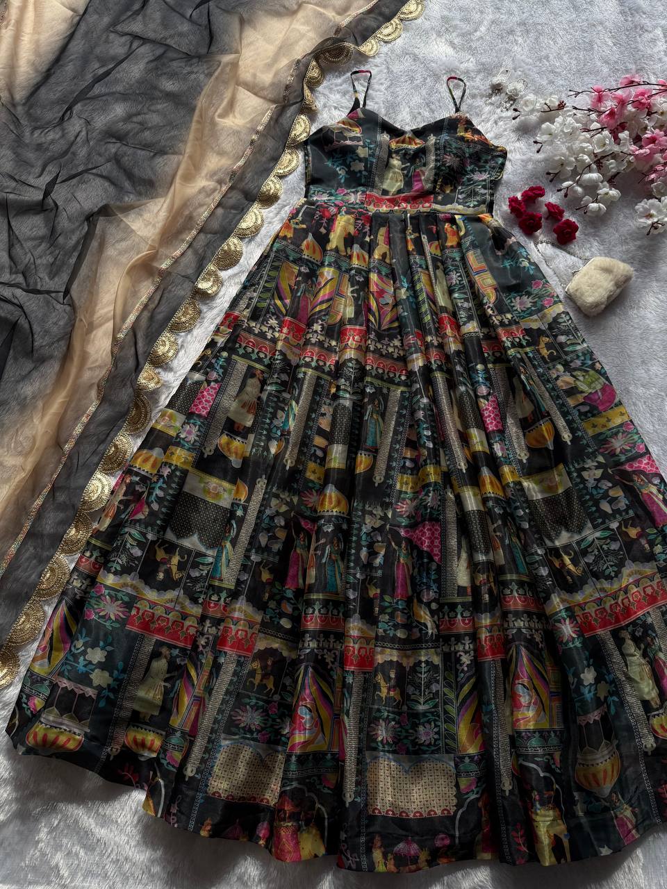 Gorgeous Green Organza Digital Printed Anarkali Gown