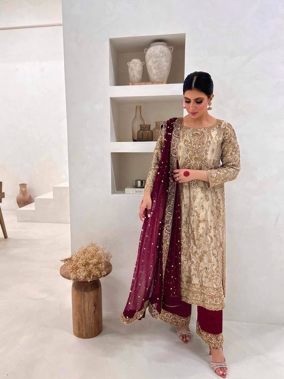 Trendy Beige Embroidery Work Straight Salwar Suit