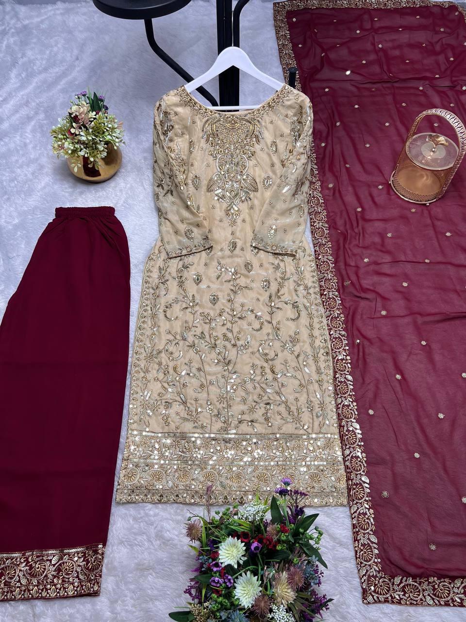 Trendy Beige Embroidery Work Straight Salwar Suit