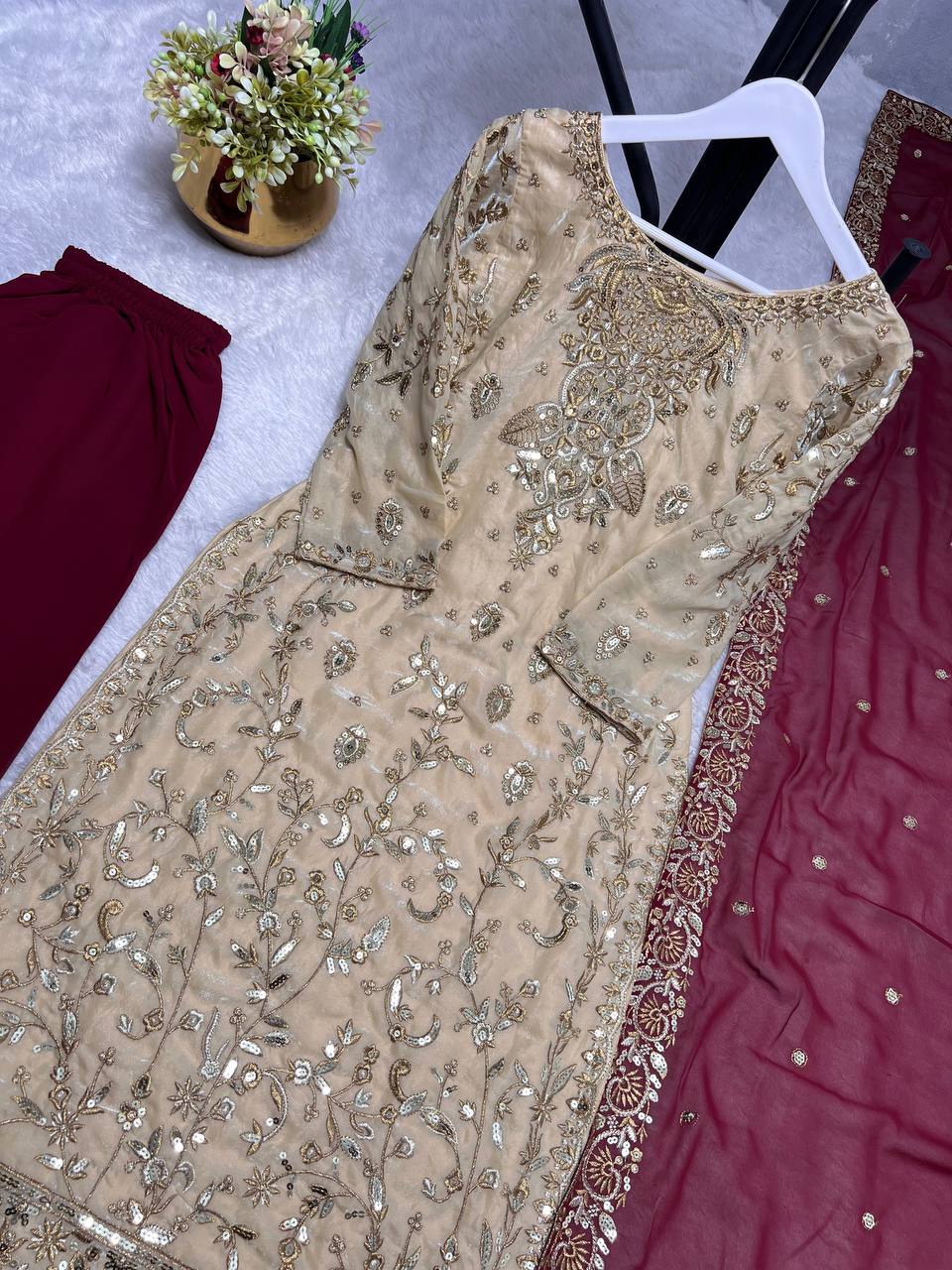 Trendy Beige Embroidery Work Straight Salwar Suit