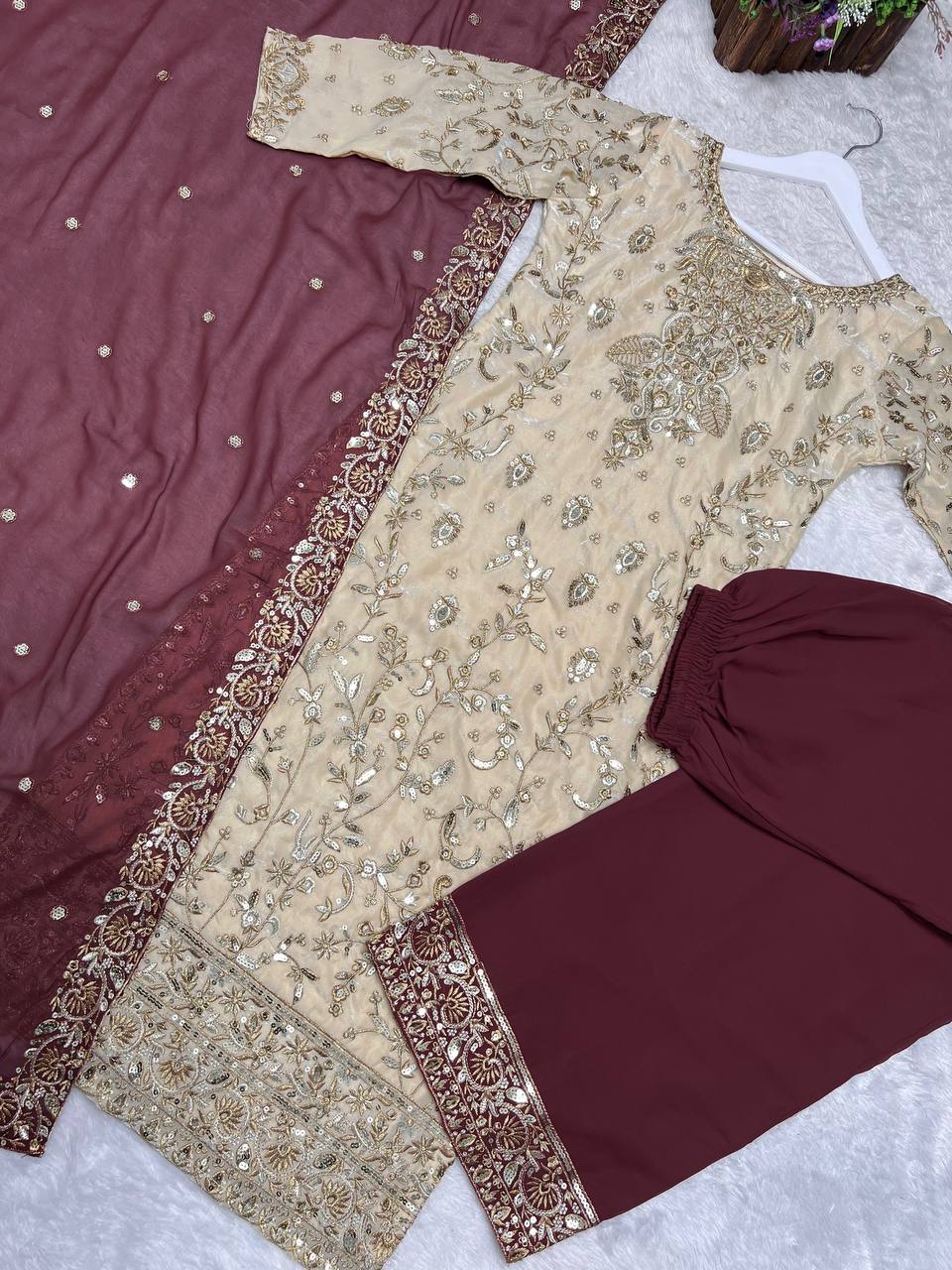 Trendy Beige Embroidery Work Straight Salwar Suit