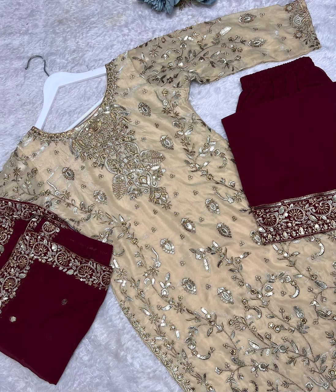 Trendy Beige Embroidery Work Straight Salwar Suit