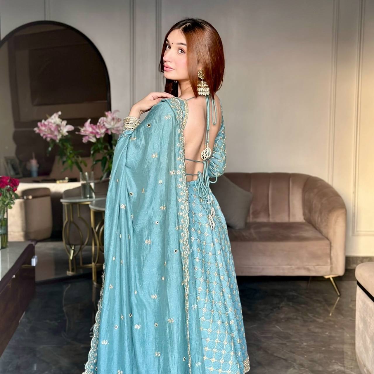 Alluring Sky Blue Color Georgette Embroidery Work Gown