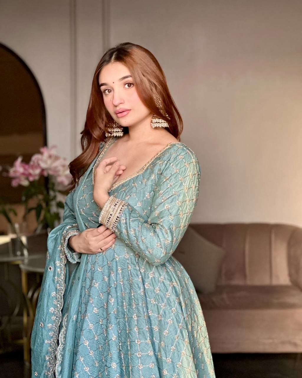 Alluring Sky Blue Color Georgette Embroidery Work Gown