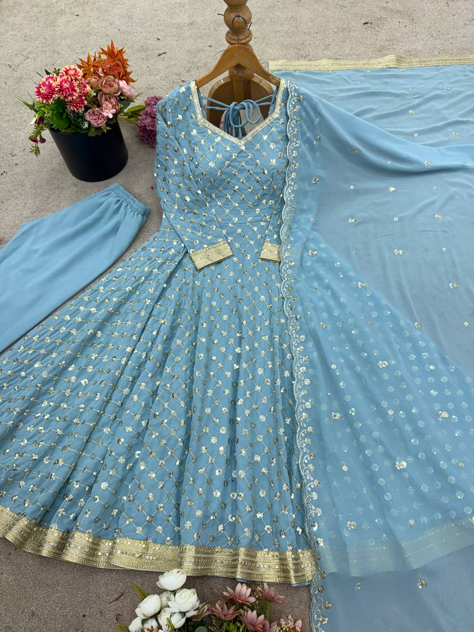 Alluring Sky Blue Color Georgette Embroidery Work Gown