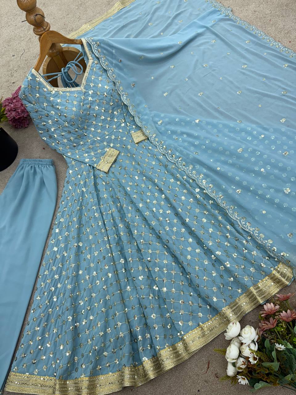Alluring Sky Blue Color Georgette Embroidery Work Gown