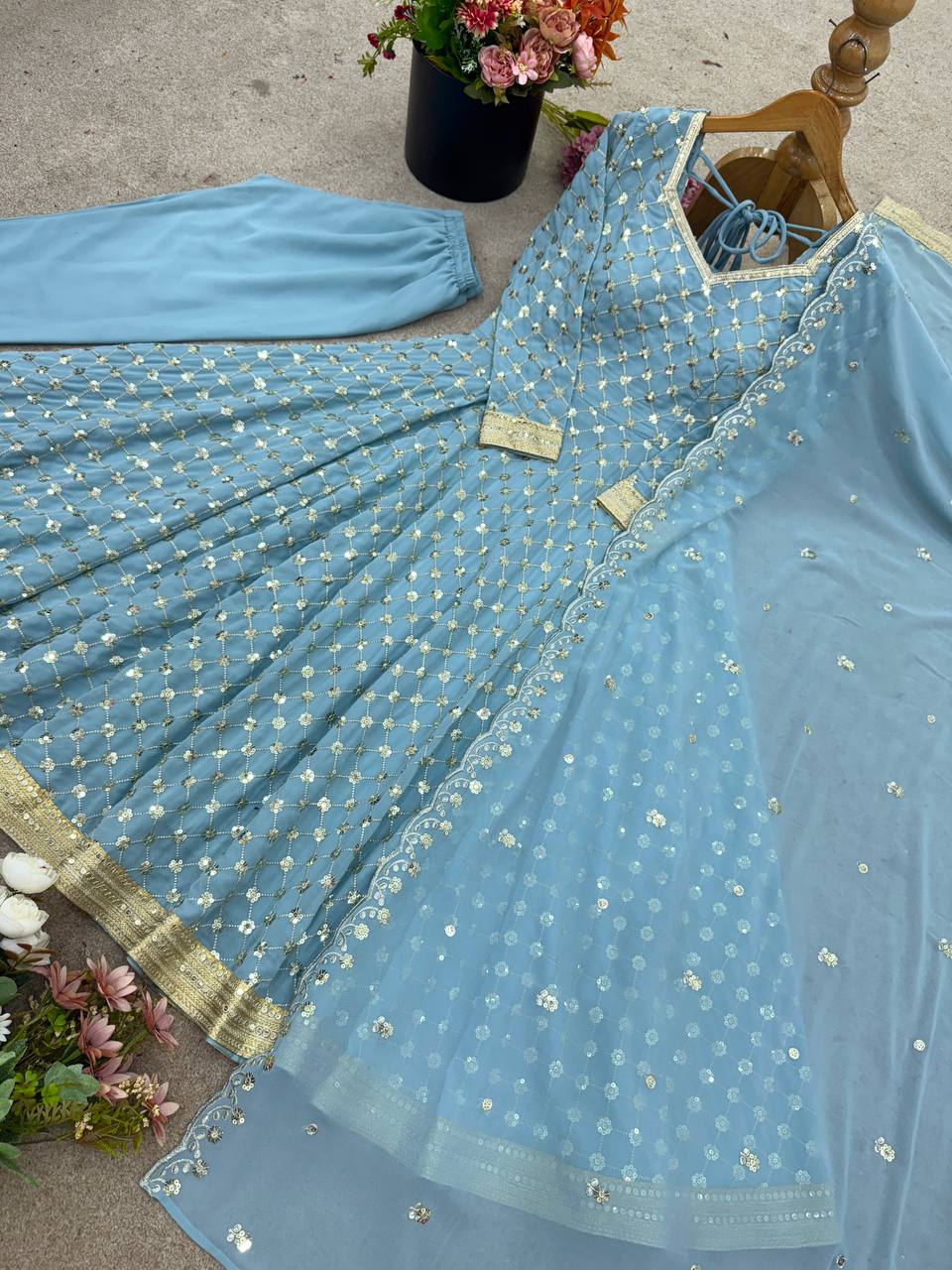 Alluring Sky Blue Color Georgette Embroidery Work Gown