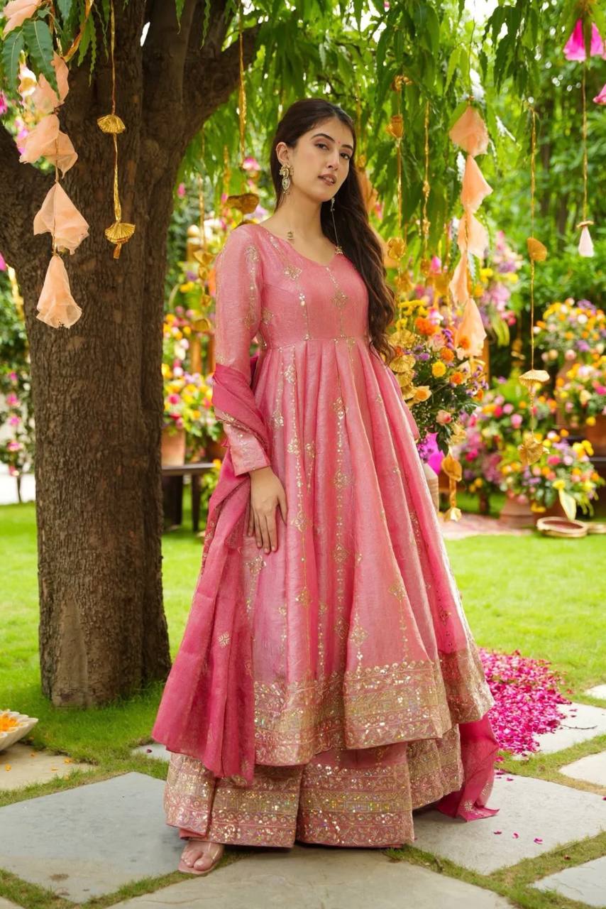Pretty Pink Color Sequence Work Silk Gown With ShararaSuit