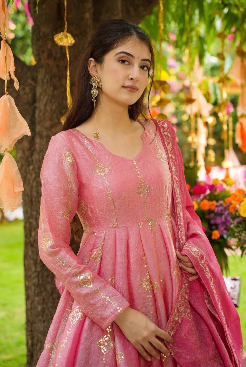 Pretty Pink Color Sequence Work Silk Gown With ShararaSuit