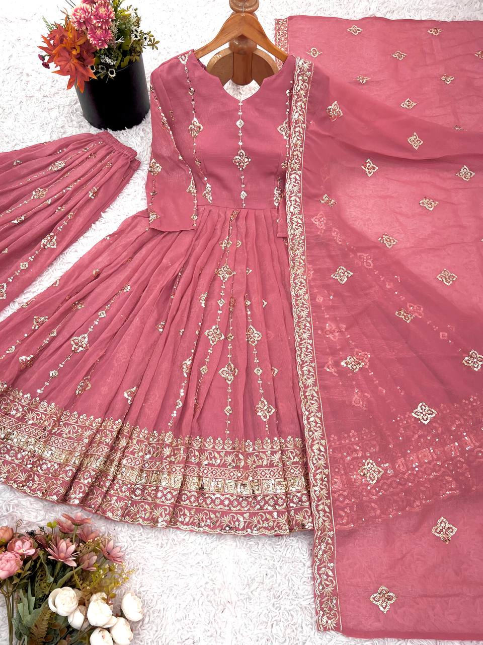 Pretty Pink Color Sequence Work Silk Gown With ShararaSuit